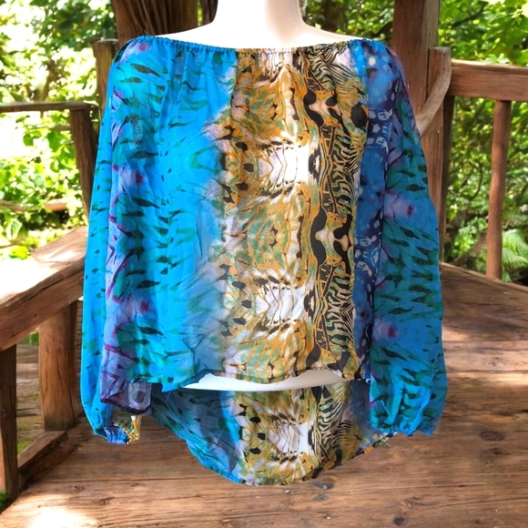 VENUS Tops - Venus Vibrant Blue and Gold Sheer Blouse